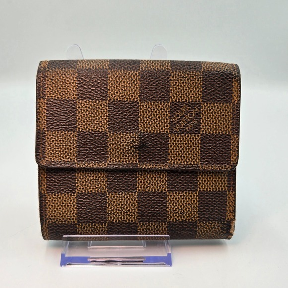 Louis Vuitton Damier Ebene Brown Leather Compact Wallet Card Holder‎ Women's - Picture 2 of 10